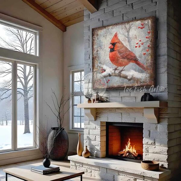 Toe Fish Art’s vintage-style painting depicts a serene winter forest scene. A vibrant red cardinal bird perches on a snow-covered branch, surrounded by clusters of holly berries, creating a peaceful and festive atmosphere. Blending rustic primitive country charm with cottage farmhouse style, this unique handcrafted artwork is available in durable high-quality framed canvas or outdoor weatherproof solid aluminum metal. Proudly made in the USA, each piece is designed to last a lifetime by the artisans at Toe Fish Art. This beautiful square-shaped painting enhances any decor, adding eye-catching appeal indoors or outdoors. It’s perfect for display in a porch, entryway, patio, lanai, deck, veranda, living room, fireplace hearth or mantel, dining room, or bedroom, or as a shelf sitter. A stunning reminder of the solace of the winter season, this artwork fits various styles, including rustic modern farmhouse, cottagecore, vintage, retro, industrial, Americana, primitive, country, coastal, and minimalist. Toe Fish Art is a small family, woman-owned business, creating beautiful decor for almost three decades, since 1997!