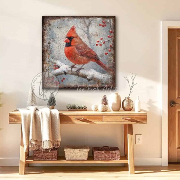 Toe Fish Art’s vintage-style painting depicts a serene winter forest scene. A vibrant red cardinal bird perches on a snow-covered branch, surrounded by clusters of holly berries, creating a peaceful and festive atmosphere. Blending rustic primitive country charm with cottage farmhouse style, this unique handcrafted artwork is available in durable high-quality framed canvas or outdoor weatherproof solid aluminum metal. Proudly made in the USA, each piece is designed to last a lifetime by the artisans at Toe Fish Art. This beautiful square-shaped painting enhances any decor, adding eye-catching appeal indoors or outdoors. It’s perfect for display in a porch, entryway, patio, lanai, deck, veranda, living room, fireplace hearth or mantel, dining room, or bedroom, or as a shelf sitter. A stunning reminder of the solace of the winter season, this artwork fits various styles, including rustic modern farmhouse, cottagecore, vintage, retro, industrial, Americana, primitive, country, coastal, and minimalist. Toe Fish Art is a small family, woman-owned business, creating beautiful decor for almost three decades, since 1997!