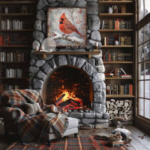 Toe Fish Art’s vintage-style painting depicts a serene winter forest scene. A vibrant red cardinal bird perches on a snow-covered branch, surrounded by clusters of holly berries, creating a peaceful and festive atmosphere. Blending rustic primitive country charm with cottage farmhouse style, this unique handcrafted artwork is available in durable high-quality framed canvas or outdoor weatherproof solid aluminum metal. Proudly made in the USA, each piece is designed to last a lifetime by the artisans at Toe Fish Art. This beautiful square-shaped painting enhances any decor, adding eye-catching appeal indoors or outdoors. It’s perfect for display in a porch, entryway, patio, lanai, deck, veranda, living room, fireplace hearth or mantel, dining room, or bedroom, or as a shelf sitter. A stunning reminder of the solace of the winter season, this artwork fits various styles, including rustic modern farmhouse, cottagecore, vintage, retro, industrial, Americana, primitive, country, coastal, and minimalist. Toe Fish Art is a small family, woman-owned business, creating beautiful decor for almost three decades, since 1997!