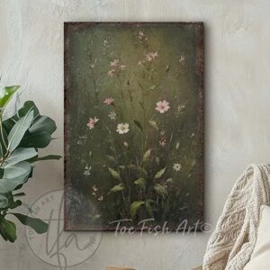 Toe Fish Art’s 3-piece set, or individual pieces, vintage Spring florals and bunny rabbit paintings, featuring our signature worn rustic style with soft garden greens and pink & white pastels, designed for seasonal Easter country cottage wall decor, available in framed canvas or outdoor metal artwork wall hangings in a huge variety of sizes and frame colors. These vintage-inspired paintings come as a set, or order individually, and feature a charmingly cute brown bunny rabbit amid a flower garden scene of soft greens with pink & white pastel wildflowers. Surrounded by delicate spring florals, the scene is set against a rustic background, perfect for seasonal spring or Easter decorations, or year round. This cottage-style artwork is available in framed canvas or outdoor metal, adding a sweet, cozy and warm touch to any space in your home. Blending rustic primitive country charm with authentic cottage farmhouse style, this unique handcrafted artwork is made of durable high-quality framed canvas or outdoor weatherproof solid aluminum metal, making it perfect for incorporating in any reorganizing, remodeling, redecorating or spring cleaning project, indoors or outdoors. Proudly made in the USA, each piece is designed to last a lifetime by the artisans at Toe Fish Art. These stunning vertically designed paintings enhance any decor, adding special eye-catching appeal. Mix and match the sizes and materials of this set to create the perfect unique touch for your space! This artwork is perfect for display in a porch, entryway, patio, lanai, deck, veranda, living room, fireplace hearth or mantel, kitchen, breakfast nook, or bedroom, or as a shelf sitter in any room. A vibrant reminder of renewal and rebirth for the spring season, this artwork fits various styles, including rustic modern farmhouse, cottagecore, vintage, retro, industrial, Americana, primitive, country, coastal, and minimalist. Toe Fish Art is a small family, woman-owned business, creating beautiful decor for almost three decades, since 1997!