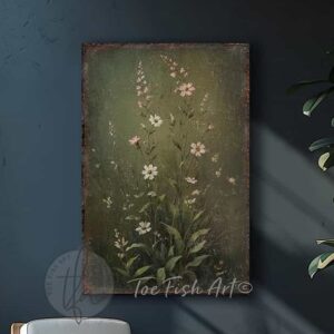 Toe Fish Art’s 3-piece set, or individual pieces, vintage Spring florals and bunny rabbit paintings, featuring our signature worn rustic style with soft garden greens and pink & white pastels, designed for seasonal Easter country cottage wall decor, available in framed canvas or outdoor metal artwork wall hangings in a huge variety of sizes and frame colors. These vintage-inspired paintings come as a set, or order individually, and feature a charmingly cute brown bunny rabbit amid a flower garden scene of soft greens with pink & white pastel wildflowers. Surrounded by delicate spring florals, the scene is set against a rustic background, perfect for seasonal spring or Easter decorations, or year round. This cottage-style artwork is available in framed canvas or outdoor metal, adding a sweet, cozy and warm touch to any space in your home. Blending rustic primitive country charm with authentic cottage farmhouse style, this unique handcrafted artwork is made of durable high-quality framed canvas or outdoor weatherproof solid aluminum metal, making it perfect for incorporating in any reorganizing, remodeling, redecorating or spring cleaning project, indoors or outdoors. Proudly made in the USA, each piece is designed to last a lifetime by the artisans at Toe Fish Art. These stunning vertically designed paintings enhance any decor, adding special eye-catching appeal. Mix and match the sizes and materials of this set to create the perfect unique touch for your space! This artwork is perfect for display in a porch, entryway, patio, lanai, deck, veranda, living room, fireplace hearth or mantel, kitchen, breakfast nook, or bedroom, or as a shelf sitter in any room. A vibrant reminder of renewal and rebirth for the spring season, this artwork fits various styles, including rustic modern farmhouse, cottagecore, vintage, retro, industrial, Americana, primitive, country, coastal, and minimalist. Toe Fish Art is a small family, woman-owned business, creating beautiful decor for almost three decades, since 1997!