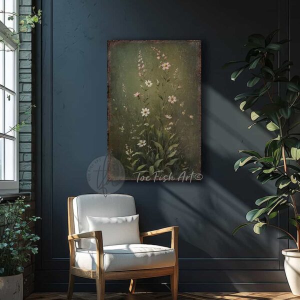 Toe Fish Art’s 3-piece set, or individual pieces, vintage Spring florals and bunny rabbit paintings, featuring our signature worn rustic style with soft garden greens and pink & white pastels, designed for seasonal Easter country cottage wall decor, available in framed canvas or outdoor metal artwork wall hangings in a huge variety of sizes and frame colors. These vintage-inspired paintings come as a set, or order individually, and feature a charmingly cute brown bunny rabbit amid a flower garden scene of soft greens with pink & white pastel wildflowers. Surrounded by delicate spring florals, the scene is set against a rustic background, perfect for seasonal spring or Easter decorations, or year round. This cottage-style artwork is available in framed canvas or outdoor metal, adding a sweet, cozy and warm touch to any space in your home. Blending rustic primitive country charm with authentic cottage farmhouse style, this unique handcrafted artwork is made of durable high-quality framed canvas or outdoor weatherproof solid aluminum metal, making it perfect for incorporating in any reorganizing, remodeling, redecorating or spring cleaning project, indoors or outdoors. Proudly made in the USA, each piece is designed to last a lifetime by the artisans at Toe Fish Art. These stunning vertically designed paintings enhance any decor, adding special eye-catching appeal. Mix and match the sizes and materials of this set to create the perfect unique touch for your space! This artwork is perfect for display in a porch, entryway, patio, lanai, deck, veranda, living room, fireplace hearth or mantel, kitchen, breakfast nook, or bedroom, or as a shelf sitter in any room. A vibrant reminder of renewal and rebirth for the spring season, this artwork fits various styles, including rustic modern farmhouse, cottagecore, vintage, retro, industrial, Americana, primitive, country, coastal, and minimalist. Toe Fish Art is a small family, woman-owned business, creating beautiful decor for almost three decades, since 1997!