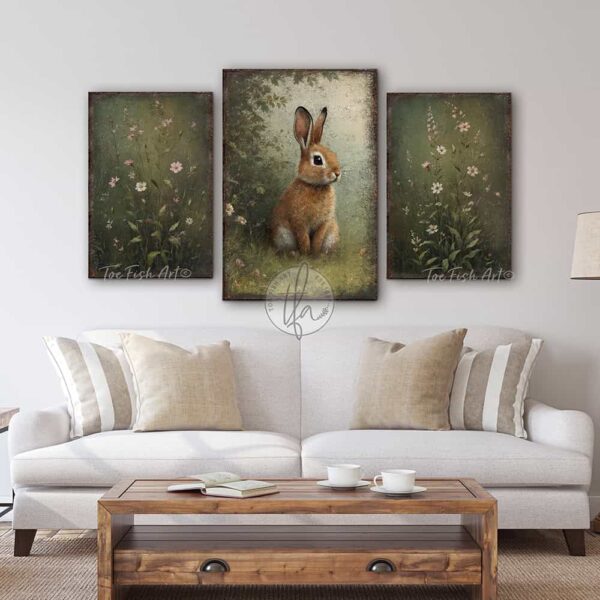 Toe Fish Art’s 3-piece set, or individual pieces, vintage Spring florals and bunny rabbit paintings, featuring our signature worn rustic style with soft garden greens and pink & white pastels, designed for seasonal Easter country cottage wall decor, available in framed canvas or outdoor metal artwork wall hangings in a huge variety of sizes and frame colors. These vintage-inspired paintings come as a set, or order individually, and feature a charmingly cute brown bunny rabbit amid a flower garden scene of soft greens with pink & white pastel wildflowers. Surrounded by delicate spring florals, the scene is set against a rustic background, perfect for seasonal spring or Easter decorations, or year round. This cottage-style artwork is available in framed canvas or outdoor metal, adding a sweet, cozy and warm touch to any space in your home. Blending rustic primitive country charm with authentic cottage farmhouse style, this unique handcrafted artwork is made of durable high-quality framed canvas or outdoor weatherproof solid aluminum metal, making it perfect for incorporating in any reorganizing, remodeling, redecorating or spring cleaning project, indoors or outdoors. Proudly made in the USA, each piece is designed to last a lifetime by the artisans at Toe Fish Art. These stunning vertically designed paintings enhance any decor, adding special eye-catching appeal. Mix and match the sizes and materials of this set to create the perfect unique touch for your space! This artwork is perfect for display in a porch, entryway, patio, lanai, deck, veranda, living room, fireplace hearth or mantel, kitchen, breakfast nook, or bedroom, or as a shelf sitter in any room. A vibrant reminder of renewal and rebirth for the spring season, this artwork fits various styles, including rustic modern farmhouse, cottagecore, vintage, retro, industrial, Americana, primitive, country, coastal, and minimalist. Toe Fish Art is a small family, woman-owned business, creating beautiful decor for almost three decades, since 1997!