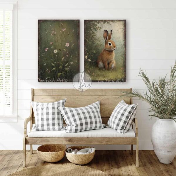 Toe Fish Art’s 3-piece set, or individual pieces, vintage Spring florals and bunny rabbit paintings, featuring our signature worn rustic style with soft garden greens and pink & white pastels, designed for seasonal Easter country cottage wall decor, available in framed canvas or outdoor metal artwork wall hangings in a huge variety of sizes and frame colors. These vintage-inspired paintings come as a set, or order individually, and feature a charmingly cute brown bunny rabbit amid a flower garden scene of soft greens with pink & white pastel wildflowers. Surrounded by delicate spring florals, the scene is set against a rustic background, perfect for seasonal spring or Easter decorations, or year round. This cottage-style artwork is available in framed canvas or outdoor metal, adding a sweet, cozy and warm touch to any space in your home. Blending rustic primitive country charm with authentic cottage farmhouse style, this unique handcrafted artwork is made of durable high-quality framed canvas or outdoor weatherproof solid aluminum metal, making it perfect for incorporating in any reorganizing, remodeling, redecorating or spring cleaning project, indoors or outdoors. Proudly made in the USA, each piece is designed to last a lifetime by the artisans at Toe Fish Art. These stunning vertically designed paintings enhance any decor, adding special eye-catching appeal. Mix and match the sizes and materials of this set to create the perfect unique touch for your space! This artwork is perfect for display in a porch, entryway, patio, lanai, deck, veranda, living room, fireplace hearth or mantel, kitchen, breakfast nook, or bedroom, or as a shelf sitter in any room. A vibrant reminder of renewal and rebirth for the spring season, this artwork fits various styles, including rustic modern farmhouse, cottagecore, vintage, retro, industrial, Americana, primitive, country, coastal, and minimalist. Toe Fish Art is a small family, woman-owned business, creating beautiful decor for almost three decades, since 1997!