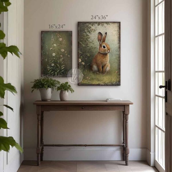 Toe Fish Art’s 3-piece set, or individual pieces, vintage Spring florals and bunny rabbit paintings, featuring our signature worn rustic style with soft garden greens and pink & white pastels, designed for seasonal Easter country cottage wall decor, available in framed canvas or outdoor metal artwork wall hangings in a huge variety of sizes and frame colors. These vintage-inspired paintings come as a set, or order individually, and feature a charmingly cute brown bunny rabbit amid a flower garden scene of soft greens with pink & white pastel wildflowers. Surrounded by delicate spring florals, the scene is set against a rustic background, perfect for seasonal spring or Easter decorations, or year round. This cottage-style artwork is available in framed canvas or outdoor metal, adding a sweet, cozy and warm touch to any space in your home. Blending rustic primitive country charm with authentic cottage farmhouse style, this unique handcrafted artwork is made of durable high-quality framed canvas or outdoor weatherproof solid aluminum metal, making it perfect for incorporating in any reorganizing, remodeling, redecorating or spring cleaning project, indoors or outdoors. Proudly made in the USA, each piece is designed to last a lifetime by the artisans at Toe Fish Art. These stunning vertically designed paintings enhance any decor, adding special eye-catching appeal. Mix and match the sizes and materials of this set to create the perfect unique touch for your space! This artwork is perfect for display in a porch, entryway, patio, lanai, deck, veranda, living room, fireplace hearth or mantel, kitchen, breakfast nook, or bedroom, or as a shelf sitter in any room. A vibrant reminder of renewal and rebirth for the spring season, this artwork fits various styles, including rustic modern farmhouse, cottagecore, vintage, retro, industrial, Americana, primitive, country, coastal, and minimalist. Toe Fish Art is a small family, woman-owned business, creating beautiful decor for almost three decades, since 1997!