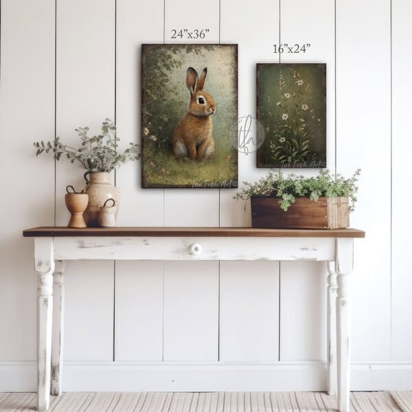 Toe Fish Art’s 3-piece set, or individual pieces, vintage Spring florals and bunny rabbit paintings, featuring our signature worn rustic style with soft garden greens and pink & white pastels, designed for seasonal Easter country cottage wall decor, available in framed canvas or outdoor metal artwork wall hangings in a huge variety of sizes and frame colors. These vintage-inspired paintings come as a set, or order individually, and feature a charmingly cute brown bunny rabbit amid a flower garden scene of soft greens with pink & white pastel wildflowers. Surrounded by delicate spring florals, the scene is set against a rustic background, perfect for seasonal spring or Easter decorations, or year round. This cottage-style artwork is available in framed canvas or outdoor metal, adding a sweet, cozy and warm touch to any space in your home. Blending rustic primitive country charm with authentic cottage farmhouse style, this unique handcrafted artwork is made of durable high-quality framed canvas or outdoor weatherproof solid aluminum metal, making it perfect for incorporating in any reorganizing, remodeling, redecorating or spring cleaning project, indoors or outdoors. Proudly made in the USA, each piece is designed to last a lifetime by the artisans at Toe Fish Art. These stunning vertically designed paintings enhance any decor, adding special eye-catching appeal. Mix and match the sizes and materials of this set to create the perfect unique touch for your space! This artwork is perfect for display in a porch, entryway, patio, lanai, deck, veranda, living room, fireplace hearth or mantel, kitchen, breakfast nook, or bedroom, or as a shelf sitter in any room. A vibrant reminder of renewal and rebirth for the spring season, this artwork fits various styles, including rustic modern farmhouse, cottagecore, vintage, retro, industrial, Americana, primitive, country, coastal, and minimalist. Toe Fish Art is a small family, woman-owned business, creating beautiful decor for almost three decades, since 1997!