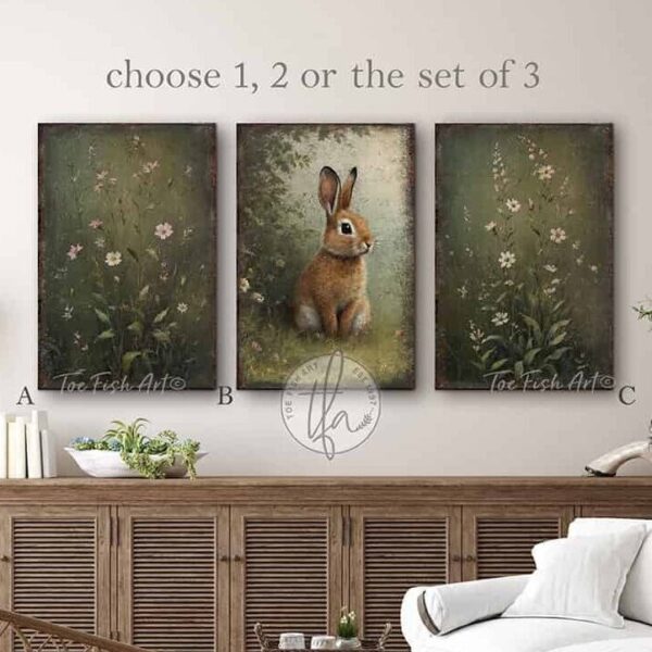 Toe Fish Art’s 3-piece set, or individual pieces, vintage Spring florals and bunny rabbit paintings, featuring our signature worn rustic style with soft garden greens and pink & white pastels, designed for seasonal Easter country cottage wall decor, available in framed canvas or outdoor metal artwork wall hangings in a huge variety of sizes and frame colors. These vintage-inspired paintings come as a set, or order individually, and feature a charmingly cute brown bunny rabbit amid a flower garden scene of soft greens with pink & white pastel wildflowers. Surrounded by delicate spring florals, the scene is set against a rustic background, perfect for seasonal spring or Easter decorations, or year round. This cottage-style artwork is available in framed canvas or outdoor metal, adding a sweet, cozy and warm touch to any space in your home. Blending rustic primitive country charm with authentic cottage farmhouse style, this unique handcrafted artwork is made of durable high-quality framed canvas or outdoor weatherproof solid aluminum metal, making it perfect for incorporating in any reorganizing, remodeling, redecorating or spring cleaning project, indoors or outdoors. Proudly made in the USA, each piece is designed to last a lifetime by the artisans at Toe Fish Art. These stunning vertically designed paintings enhance any decor, adding special eye-catching appeal. Mix and match the sizes and materials of this set to create the perfect unique touch for your space! This artwork is perfect for display in a porch, entryway, patio, lanai, deck, veranda, living room, fireplace hearth or mantel, kitchen, breakfast nook, or bedroom, or as a shelf sitter in any room. A vibrant reminder of renewal and rebirth for the spring season, this artwork fits various styles, including rustic modern farmhouse, cottagecore, vintage, retro, industrial, Americana, primitive, country, coastal, and minimalist. Toe Fish Art is a small family, woman-owned business, creating beautiful decor for almost three decades, since 1997!
