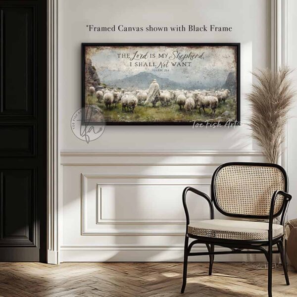 Toe Fish Art's artisan-made, faith-based, framed canvas or outdoor waterproof metal wall decor, expertly made with American-sourced materials. This premium, handcrafted piece features the painting of a shepherd dressed in flowing white garments walking peacefully among a herd of sheep in a lush green meadow. The scene is surrounded by majestic rocky mountains under a vibrant blue sky filled with puffy white and gray clouds, evoking a serene and pastoral atmosphere, with the hand-lettered Bible verse 'The Lord is My Shepherd I Shall Not Want' – Psalm 23:1. Built to last with genuine craftsmanship, this relevant decor adds rustic charm and heritage quality to any space. Made in the USA with durable, authentic materials for a beautiful and meaningful display. Rustic country charm meets Modern Farmhouse Cottagecore wall decor handcrafted in durable high-quality framed canvas or outdoor weatherproof solid aluminum metal, handmade in the USA from start to finish! Beautiful, stylish and timeless wall decor painting. Handcrafted in the USA by ToeFishArt, and built to last a lifetime by the Toe Fish Art family artisans. This beautiful original artwork adds unique eye-catching decor indoors or outdoors. Add instant outdoor curb appeal to your home or vacation house entryway! Perfect for your porch, entryway, patio, lanai, deck, garden, veranda, living room, fireplace hearth or mantel, wall hanging or shelf sitter, dining room, kitchen or bedroom. This painting is a beautiful reminder of Christian faith and God's love. Original, custom, personalized wall decor signs. Canvas, Wood or Metal. Rustic modern farmhouse, cottagecore, vintage, retro, industrial, Americana, primitive, country, coastal, minimalist. Toe Fish Art is a USA small family woman owned business making beautiful decor since 1997.