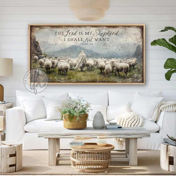 Toe Fish Art's artisan-made, faith-based, framed canvas or outdoor waterproof metal wall decor, expertly made with American-sourced materials. This premium, handcrafted piece features the painting of a shepherd dressed in flowing white garments walking peacefully among a herd of sheep in a lush green meadow. The scene is surrounded by majestic rocky mountains under a vibrant blue sky filled with puffy white and gray clouds, evoking a serene and pastoral atmosphere, with the hand-lettered Bible verse 'The Lord is My Shepherd I Shall Not Want' – Psalm 23:1. Built to last with genuine craftsmanship, this relevant decor adds rustic charm and heritage quality to any space. Made in the USA with durable, authentic materials for a beautiful and meaningful display. Rustic country charm meets Modern Farmhouse Cottagecore wall decor handcrafted in durable high-quality framed canvas or outdoor weatherproof solid aluminum metal, handmade in the USA from start to finish! Beautiful, stylish and timeless wall decor painting. Handcrafted in the USA by ToeFishArt, and built to last a lifetime by the Toe Fish Art family artisans. This beautiful original artwork adds unique eye-catching decor indoors or outdoors. Add instant outdoor curb appeal to your home or vacation house entryway! Perfect for your porch, entryway, patio, lanai, deck, garden, veranda, living room, fireplace hearth or mantel, wall hanging or shelf sitter, dining room, kitchen or bedroom. This painting is a beautiful reminder of Christian faith and God's love. Original, custom, personalized wall decor signs. Canvas, Wood or Metal. Rustic modern farmhouse, cottagecore, vintage, retro, industrial, Americana, primitive, country, coastal, minimalist. Toe Fish Art is a USA small family woman owned business making beautiful decor since 1997.