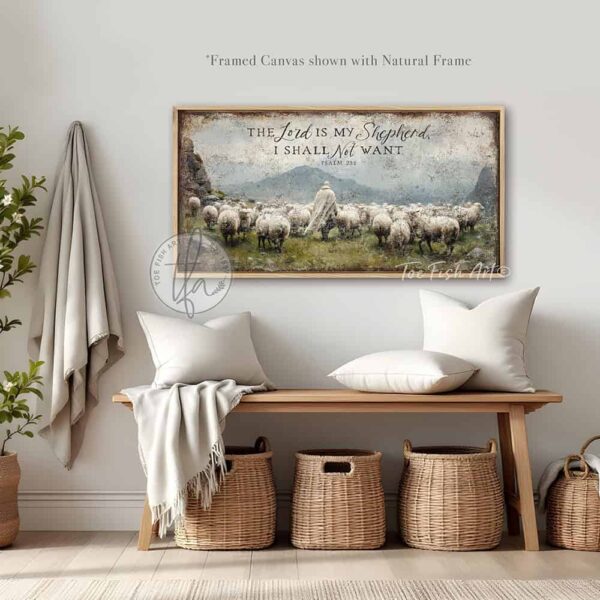 Toe Fish Art's artisan-made, faith-based, framed canvas or outdoor waterproof metal wall decor, expertly made with American-sourced materials. This premium, handcrafted piece features the painting of a shepherd dressed in flowing white garments walking peacefully among a herd of sheep in a lush green meadow. The scene is surrounded by majestic rocky mountains under a vibrant blue sky filled with puffy white and gray clouds, evoking a serene and pastoral atmosphere, with the hand-lettered Bible verse 'The Lord is My Shepherd I Shall Not Want' – Psalm 23:1. Built to last with genuine craftsmanship, this relevant decor adds rustic charm and heritage quality to any space. Made in the USA with durable, authentic materials for a beautiful and meaningful display. Rustic country charm meets Modern Farmhouse Cottagecore wall decor handcrafted in durable high-quality framed canvas or outdoor weatherproof solid aluminum metal, handmade in the USA from start to finish! Beautiful, stylish and timeless wall decor painting. Handcrafted in the USA by ToeFishArt, and built to last a lifetime by the Toe Fish Art family artisans. This beautiful original artwork adds unique eye-catching decor indoors or outdoors. Add instant outdoor curb appeal to your home or vacation house entryway! Perfect for your porch, entryway, patio, lanai, deck, garden, veranda, living room, fireplace hearth or mantel, wall hanging or shelf sitter, dining room, kitchen or bedroom. This painting is a beautiful reminder of Christian faith and God's love. Original, custom, personalized wall decor signs. Canvas, Wood or Metal. Rustic modern farmhouse, cottagecore, vintage, retro, industrial, Americana, primitive, country, coastal, minimalist. Toe Fish Art is a USA small family woman owned business making beautiful decor since 1997.