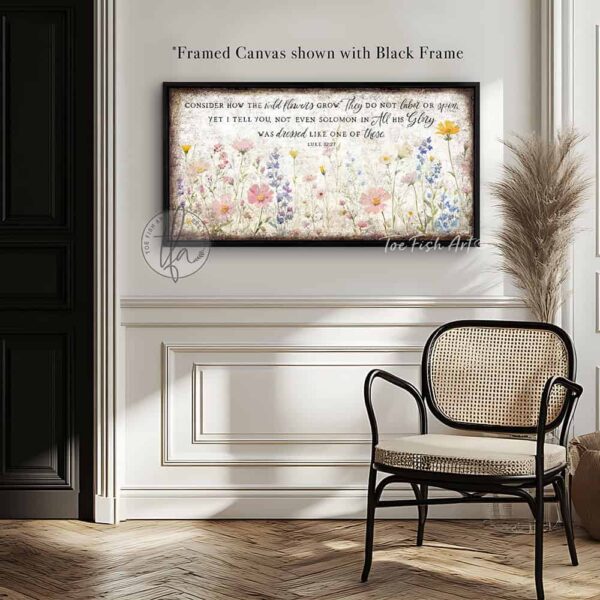 Toe Fish Art's artisan-made framed canvas or outdoor waterproof metal wall decor, expertly made with American-sourced materials. This premium, handcrafted piece features a timeless painting of pastel wildflowers with the hand-lettered Bible verse ‘Consider how the wildflowers grow’ (Luke 12:27). Built to last with genuine craftsmanship, it adds rustic charm and heritage quality to any space. Made in the USA with durable, authentic materials for a beautiful and meaningful display. Rustic Country and Modern Farmhouse wall decor handcrafted in durable high-quality framed canvas or outdoor weatherproof solid aluminum metal, handmade in the USA from start to finish! Beautiful, stylish and timeless floral wall decor painting. Handcrafted in the USA by ToeFishArt, and built to last a lifetime by the Toe Fish Art family artisans. This beautiful original artwork adds unique eye-catching decor indoors or outdoors. Add instant outdoor curb appeal to your home or vacation house entryway! Perfect for your porch, entryway, patio, lanai, deck, garden, veranda, living room, fireplace hearth or mantel, wall hanging or shelf sitter, dining room or bedroom. This painting is a beautiful reminder of Christian faith and God's love with the promise of Spring renewal. Original, custom, personalized wall decor signs. Canvas, Wood or Metal. Rustic modern farmhouse, cottagecore, vintage, retro, industrial, Americana, primitive, country, coastal, minimalist. Toe Fish Art is a USA small family woman owned business making beautiful decor since 1997.