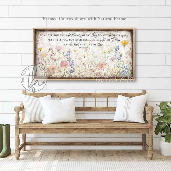 Toe Fish Art's artisan-made framed canvas or outdoor waterproof metal wall decor, expertly made with American-sourced materials. This premium, handcrafted piece features a timeless painting of pastel wildflowers with the hand-lettered Bible verse ‘Consider how the wildflowers grow’ (Luke 12:27). Built to last with genuine craftsmanship, it adds rustic charm and heritage quality to any space. Made in the USA with durable, authentic materials for a beautiful and meaningful display. Rustic Country and Modern Farmhouse wall decor handcrafted in durable high-quality framed canvas or outdoor weatherproof solid aluminum metal, handmade in the USA from start to finish! Beautiful, stylish and timeless floral wall decor painting. Handcrafted in the USA by ToeFishArt, and built to last a lifetime by the Toe Fish Art family artisans. This beautiful original artwork adds unique eye-catching decor indoors or outdoors. Add instant outdoor curb appeal to your home or vacation house entryway! Perfect for your porch, entryway, patio, lanai, deck, garden, veranda, living room, fireplace hearth or mantel, wall hanging or shelf sitter, dining room or bedroom. This painting is a beautiful reminder of Christian faith and God's love with the promise of Spring renewal. Original, custom, personalized wall decor signs. Canvas, Wood or Metal. Rustic modern farmhouse, cottagecore, vintage, retro, industrial, Americana, primitive, country, coastal, minimalist. Toe Fish Art is a USA small family woman owned business making beautiful decor since 1997.