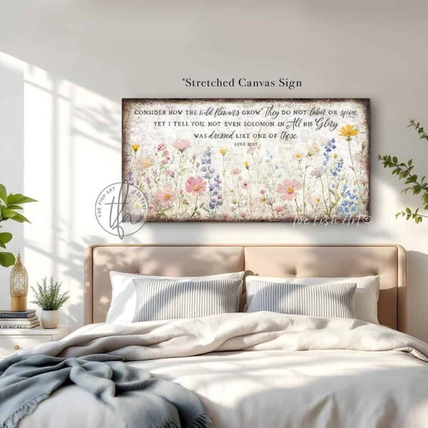 Toe Fish Art's artisan-made framed canvas or outdoor waterproof metal wall decor, expertly made with American-sourced materials. This premium, handcrafted piece features a timeless painting of pastel wildflowers with the hand-lettered Bible verse ‘Consider how the wildflowers grow’ (Luke 12:27). Built to last with genuine craftsmanship, it adds rustic charm and heritage quality to any space. Made in the USA with durable, authentic materials for a beautiful and meaningful display. Rustic Country and Modern Farmhouse wall decor handcrafted in durable high-quality framed canvas or outdoor weatherproof solid aluminum metal, handmade in the USA from start to finish! Beautiful, stylish and timeless floral wall decor painting. Handcrafted in the USA by ToeFishArt, and built to last a lifetime by the Toe Fish Art family artisans. This beautiful original artwork adds unique eye-catching decor indoors or outdoors. Add instant outdoor curb appeal to your home or vacation house entryway! Perfect for your porch, entryway, patio, lanai, deck, garden, veranda, living room, fireplace hearth or mantel, wall hanging or shelf sitter, dining room or bedroom. This painting is a beautiful reminder of Christian faith and God's love with the promise of Spring renewal. Original, custom, personalized wall decor signs. Canvas, Wood or Metal. Rustic modern farmhouse, cottagecore, vintage, retro, industrial, Americana, primitive, country, coastal, minimalist. Toe Fish Art is a USA small family woman owned business making beautiful decor since 1997.