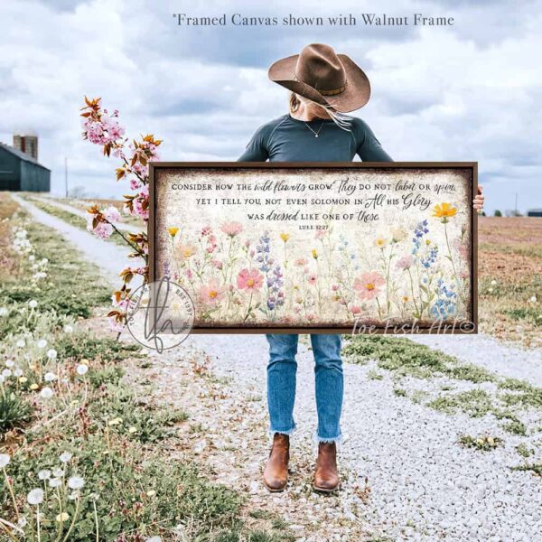 Toe Fish Art's artisan-made framed canvas or outdoor waterproof metal wall decor, expertly made with American-sourced materials. This premium, handcrafted piece features a timeless painting of pastel wildflowers with the hand-lettered Bible verse ‘Consider how the wildflowers grow’ (Luke 12:27). Built to last with genuine craftsmanship, it adds rustic charm and heritage quality to any space. Made in the USA with durable, authentic materials for a beautiful and meaningful display. Rustic Country and Modern Farmhouse wall decor handcrafted in durable high-quality framed canvas or outdoor weatherproof solid aluminum metal, handmade in the USA from start to finish! Beautiful, stylish and timeless floral wall decor painting. Handcrafted in the USA by ToeFishArt, and built to last a lifetime by the Toe Fish Art family artisans. This beautiful original artwork adds unique eye-catching decor indoors or outdoors. Add instant outdoor curb appeal to your home or vacation house entryway! Perfect for your porch, entryway, patio, lanai, deck, garden, veranda, living room, fireplace hearth or mantel, wall hanging or shelf sitter, dining room or bedroom. This painting is a beautiful reminder of Christian faith and God's love with the promise of Spring renewal. Original, custom, personalized wall decor signs. Canvas, Wood or Metal. Rustic modern farmhouse, cottagecore, vintage, retro, industrial, Americana, primitive, country, coastal, minimalist. Toe Fish Art is a USA small family woman owned business making beautiful decor since 1997.