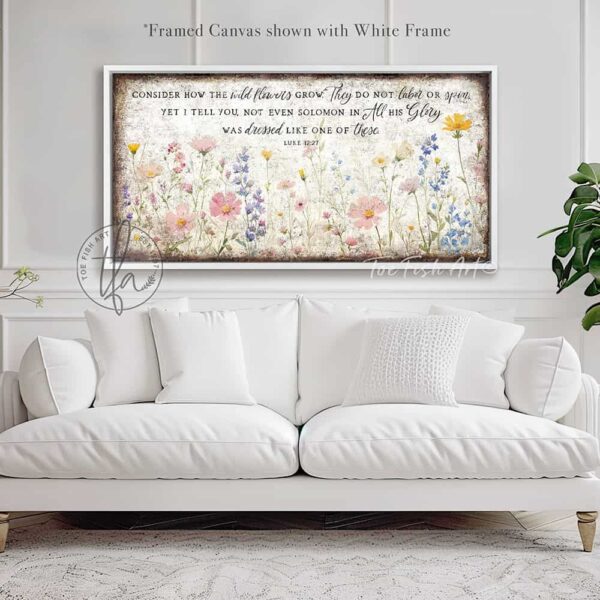 Toe Fish Art's artisan-made framed canvas or outdoor waterproof metal wall decor, expertly made with American-sourced materials. This premium, handcrafted piece features a timeless painting of pastel wildflowers with the hand-lettered Bible verse ‘Consider how the wildflowers grow’ (Luke 12:27). Built to last with genuine craftsmanship, it adds rustic charm and heritage quality to any space. Made in the USA with durable, authentic materials for a beautiful and meaningful display. Rustic Country and Modern Farmhouse wall decor handcrafted in durable high-quality framed canvas or outdoor weatherproof solid aluminum metal, handmade in the USA from start to finish! Beautiful, stylish and timeless floral wall decor painting. Handcrafted in the USA by ToeFishArt, and built to last a lifetime by the Toe Fish Art family artisans. This beautiful original artwork adds unique eye-catching decor indoors or outdoors. Add instant outdoor curb appeal to your home or vacation house entryway! Perfect for your porch, entryway, patio, lanai, deck, garden, veranda, living room, fireplace hearth or mantel, wall hanging or shelf sitter, dining room or bedroom. This painting is a beautiful reminder of Christian faith and God's love with the promise of Spring renewal. Original, custom, personalized wall decor signs. Canvas, Wood or Metal. Rustic modern farmhouse, cottagecore, vintage, retro, industrial, Americana, primitive, country, coastal, minimalist. Toe Fish Art is a USA small family woman owned business making beautiful decor since 1997.