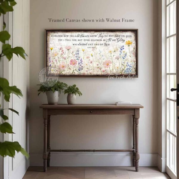 Toe Fish Art's artisan-made framed canvas or outdoor waterproof metal wall decor, expertly made with American-sourced materials. This premium, handcrafted piece features a timeless painting of pastel wildflowers with the hand-lettered Bible verse ‘Consider how the wildflowers grow’ (Luke 12:27). Built to last with genuine craftsmanship, it adds rustic charm and heritage quality to any space. Made in the USA with durable, authentic materials for a beautiful and meaningful display. Rustic Country and Modern Farmhouse wall decor handcrafted in durable high-quality framed canvas or outdoor weatherproof solid aluminum metal, handmade in the USA from start to finish! Beautiful, stylish and timeless floral wall decor painting. Handcrafted in the USA by ToeFishArt, and built to last a lifetime by the Toe Fish Art family artisans. This beautiful original artwork adds unique eye-catching decor indoors or outdoors. Add instant outdoor curb appeal to your home or vacation house entryway! Perfect for your porch, entryway, patio, lanai, deck, garden, veranda, living room, fireplace hearth or mantel, wall hanging or shelf sitter, dining room or bedroom. This painting is a beautiful reminder of Christian faith and God's love with the promise of Spring renewal. Original, custom, personalized wall decor signs. Canvas, Wood or Metal. Rustic modern farmhouse, cottagecore, vintage, retro, industrial, Americana, primitive, country, coastal, minimalist. Toe Fish Art is a USA small family woman owned business making beautiful decor since 1997.
