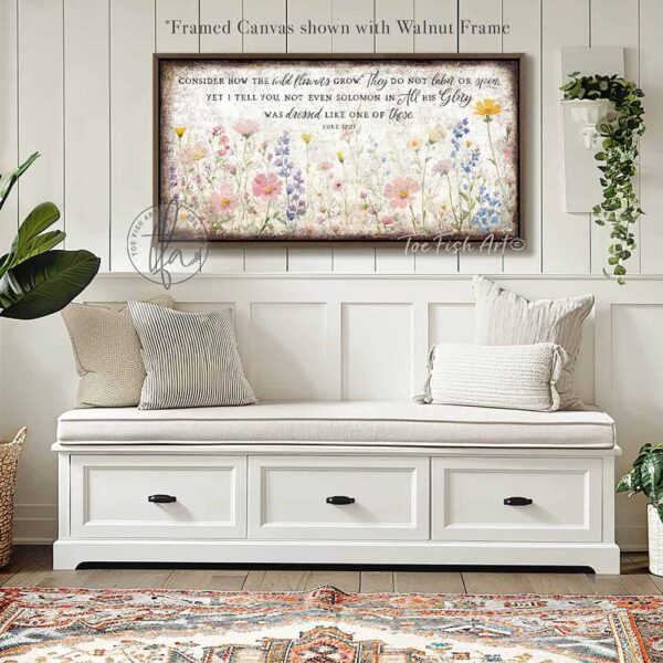 Toe Fish Art's artisan-made framed canvas or outdoor waterproof metal wall decor, expertly made with American-sourced materials. This premium, handcrafted piece features a timeless painting of pastel wildflowers with the hand-lettered Bible verse ‘Consider how the wildflowers grow’ (Luke 12:27). Built to last with genuine craftsmanship, it adds rustic charm and heritage quality to any space. Made in the USA with durable, authentic materials for a beautiful and meaningful display. Rustic Country and Modern Farmhouse wall decor handcrafted in durable high-quality framed canvas or outdoor weatherproof solid aluminum metal, handmade in the USA from start to finish! Beautiful, stylish and timeless floral wall decor painting. Handcrafted in the USA by ToeFishArt, and built to last a lifetime by the Toe Fish Art family artisans. This beautiful original artwork adds unique eye-catching decor indoors or outdoors. Add instant outdoor curb appeal to your home or vacation house entryway! Perfect for your porch, entryway, patio, lanai, deck, garden, veranda, living room, fireplace hearth or mantel, wall hanging or shelf sitter, dining room or bedroom. This painting is a beautiful reminder of Christian faith and God's love with the promise of Spring renewal. Original, custom, personalized wall decor signs. Canvas, Wood or Metal. Rustic modern farmhouse, cottagecore, vintage, retro, industrial, Americana, primitive, country, coastal, minimalist. Toe Fish Art is a USA small family woman owned business making beautiful decor since 1997.