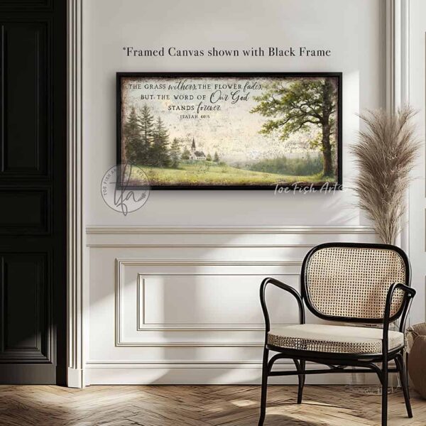 Toe Fish Art's artisan-made framed canvas or outdoor waterproof metal wall decor, expertly made with American-sourced materials. This premium, handcrafted piece features a timeless painting of a white country church atop a green grassy hill, set against a green meadow with large oak tree, surrounded by peaceful trees, with the hand-lettered Bible verse Isaiah 40:8 'The grass withers, the flower fades, but the word of our God stands forever'. Built to last with genuine craftsmanship, it adds rustic charm and heritage quality to any space. Made in the USA with durable, authentic materials for a beautiful and meaningful display. Rustic Country meets Modern Farmhouse wall decor handcrafted in durable high-quality framed canvas or outdoor weatherproof solid aluminum metal, handmade in the USA from start to finish! Beautiful, stylish and timeless wall decor painting. Handcrafted in the USA by ToeFishArt, and built to last a lifetime by the Toe Fish Art family artisans. This beautiful original artwork adds unique eye-catching decor indoors or outdoors. Add instant outdoor curb appeal to your home or vacation house entryway! Perfect for your porch, entryway, patio, lanai, deck, garden, veranda, living room, fireplace hearth or mantel, wall hanging or shelf sitter, dining room or bedroom. This painting is a beautiful reminder of Christian faith and God's love with the promise of Spring renewal. Original, custom, personalized wall decor signs. Canvas, Wood or Metal. Rustic modern farmhouse, cottagecore, vintage, retro, industrial, Americana, primitive, country, coastal, minimalist. Toe Fish Art is a USA small family woman owned business making beautiful decor since 1997.