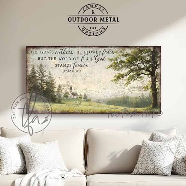 Toe Fish Art's artisan-made framed canvas or outdoor waterproof metal wall decor, expertly made with American-sourced materials. This premium, handcrafted piece features a timeless painting of a white country church atop a green grassy hill, set against a green meadow with large oak tree, surrounded by peaceful trees, with the hand-lettered Bible verse Isaiah 40:8 'The grass withers, the flower fades, but the word of our God stands forever'. Built to last with genuine craftsmanship, it adds rustic charm and heritage quality to any space. Made in the USA with durable, authentic materials for a beautiful and meaningful display. Rustic Country meets Modern Farmhouse wall decor handcrafted in durable high-quality framed canvas or outdoor weatherproof solid aluminum metal, handmade in the USA from start to finish! Beautiful, stylish and timeless wall decor painting. Handcrafted in the USA by ToeFishArt, and built to last a lifetime by the Toe Fish Art family artisans. This beautiful original artwork adds unique eye-catching decor indoors or outdoors. Add instant outdoor curb appeal to your home or vacation house entryway! Perfect for your porch, entryway, patio, lanai, deck, garden, veranda, living room, fireplace hearth or mantel, wall hanging or shelf sitter, dining room or bedroom. This painting is a beautiful reminder of Christian faith and God's love with the promise of Spring renewal. Original, custom, personalized wall decor signs. Canvas, Wood or Metal. Rustic modern farmhouse, cottagecore, vintage, retro, industrial, Americana, primitive, country, coastal, minimalist. Toe Fish Art is a USA small family woman owned business making beautiful decor since 1997.