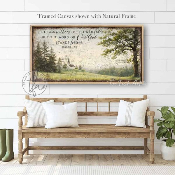 Toe Fish Art's artisan-made framed canvas or outdoor waterproof metal wall decor, expertly made with American-sourced materials. This premium, handcrafted piece features a timeless painting of a white country church atop a green grassy hill, set against a green meadow with large oak tree, surrounded by peaceful trees, with the hand-lettered Bible verse Isaiah 40:8 'The grass withers, the flower fades, but the word of our God stands forever'. Built to last with genuine craftsmanship, it adds rustic charm and heritage quality to any space. Made in the USA with durable, authentic materials for a beautiful and meaningful display. Rustic Country meets Modern Farmhouse wall decor handcrafted in durable high-quality framed canvas or outdoor weatherproof solid aluminum metal, handmade in the USA from start to finish! Beautiful, stylish and timeless wall decor painting. Handcrafted in the USA by ToeFishArt, and built to last a lifetime by the Toe Fish Art family artisans. This beautiful original artwork adds unique eye-catching decor indoors or outdoors. Add instant outdoor curb appeal to your home or vacation house entryway! Perfect for your porch, entryway, patio, lanai, deck, garden, veranda, living room, fireplace hearth or mantel, wall hanging or shelf sitter, dining room or bedroom. This painting is a beautiful reminder of Christian faith and God's love with the promise of Spring renewal. Original, custom, personalized wall decor signs. Canvas, Wood or Metal. Rustic modern farmhouse, cottagecore, vintage, retro, industrial, Americana, primitive, country, coastal, minimalist. Toe Fish Art is a USA small family woman owned business making beautiful decor since 1997.