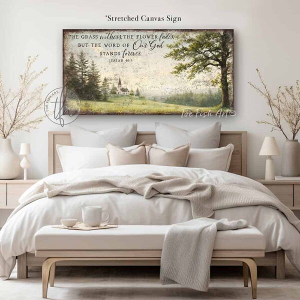Toe Fish Art's artisan-made framed canvas or outdoor waterproof metal wall decor, expertly made with American-sourced materials. This premium, handcrafted piece features a timeless painting of a white country church atop a green grassy hill, set against a green meadow with large oak tree, surrounded by peaceful trees, with the hand-lettered Bible verse Isaiah 40:8 'The grass withers, the flower fades, but the word of our God stands forever'. Built to last with genuine craftsmanship, it adds rustic charm and heritage quality to any space. Made in the USA with durable, authentic materials for a beautiful and meaningful display. Rustic Country meets Modern Farmhouse wall decor handcrafted in durable high-quality framed canvas or outdoor weatherproof solid aluminum metal, handmade in the USA from start to finish! Beautiful, stylish and timeless wall decor painting. Handcrafted in the USA by ToeFishArt, and built to last a lifetime by the Toe Fish Art family artisans. This beautiful original artwork adds unique eye-catching decor indoors or outdoors. Add instant outdoor curb appeal to your home or vacation house entryway! Perfect for your porch, entryway, patio, lanai, deck, garden, veranda, living room, fireplace hearth or mantel, wall hanging or shelf sitter, dining room or bedroom. This painting is a beautiful reminder of Christian faith and God's love with the promise of Spring renewal. Original, custom, personalized wall decor signs. Canvas, Wood or Metal. Rustic modern farmhouse, cottagecore, vintage, retro, industrial, Americana, primitive, country, coastal, minimalist. Toe Fish Art is a USA small family woman owned business making beautiful decor since 1997.