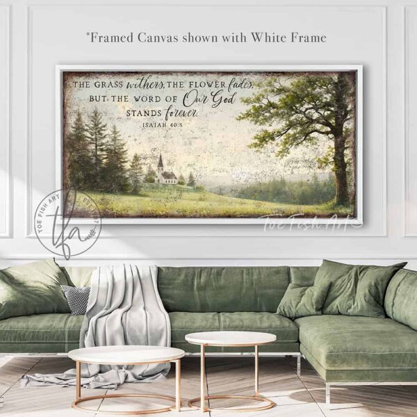 Toe Fish Art's artisan-made framed canvas or outdoor waterproof metal wall decor, expertly made with American-sourced materials. This premium, handcrafted piece features a timeless painting of a white country church atop a green grassy hill, set against a green meadow with large oak tree, surrounded by peaceful trees, with the hand-lettered Bible verse Isaiah 40:8 'The grass withers, the flower fades, but the word of our God stands forever'. Built to last with genuine craftsmanship, it adds rustic charm and heritage quality to any space. Made in the USA with durable, authentic materials for a beautiful and meaningful display. Rustic Country meets Modern Farmhouse wall decor handcrafted in durable high-quality framed canvas or outdoor weatherproof solid aluminum metal, handmade in the USA from start to finish! Beautiful, stylish and timeless wall decor painting. Handcrafted in the USA by ToeFishArt, and built to last a lifetime by the Toe Fish Art family artisans. This beautiful original artwork adds unique eye-catching decor indoors or outdoors. Add instant outdoor curb appeal to your home or vacation house entryway! Perfect for your porch, entryway, patio, lanai, deck, garden, veranda, living room, fireplace hearth or mantel, wall hanging or shelf sitter, dining room or bedroom. This painting is a beautiful reminder of Christian faith and God's love with the promise of Spring renewal. Original, custom, personalized wall decor signs. Canvas, Wood or Metal. Rustic modern farmhouse, cottagecore, vintage, retro, industrial, Americana, primitive, country, coastal, minimalist. Toe Fish Art is a USA small family woman owned business making beautiful decor since 1997.