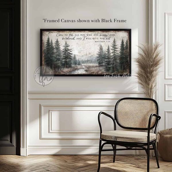 Toe Fish Art's artisan-made framed canvas or outdoor waterproof metal wall decor, expertly made with American-sourced materials. This premium, handcrafted piece features a timeless landscape scenery painting of a serene mountain river weaving through a peaceful forest, with the hand-lettered Scripture Bible verse 'Come To Me All Who Are Weary & I Will Give You Rest' – Matthew 11:28. Built to last with genuine craftsmanship, it adds rustic charm and heritage quality to any space. Made in the USA with durable, authentic materials for a beautiful and meaningful display. Rustic Country meets Modern Farmhouse Cottagecore wall decor handcrafted in durable high-quality framed canvas or outdoor weatherproof solid aluminum metal, handmade in the USA from start to finish! Beautiful, stylish and timeless wall decor painting. Handcrafted in the USA by ToeFishArt, and built to last a lifetime by the Toe Fish Art family artisans. This beautiful original artwork adds unique eye-catching decor indoors or outdoors. Add instant outdoor curb appeal to your home or vacation house entryway! Perfect for your porch, entryway, patio, lanai, deck, garden, veranda, living room, fireplace hearth or mantel, wall hanging or shelf sitter, dining room or bedroom. This painting is a beautiful reminder of Christian faith and God's love. Original, custom, personalized wall decor signs. Canvas, Wood or Metal. Rustic modern farmhouse, cottagecore, vintage, retro, industrial, Americana, primitive, country, coastal, minimalist. Toe Fish Art is a USA small family woman owned business making beautiful decor since 1997.