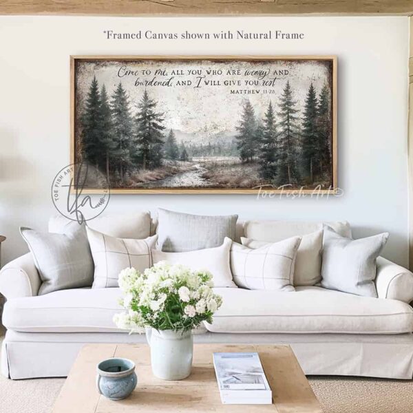 Toe Fish Art's artisan-made framed canvas or outdoor waterproof metal wall decor, expertly made with American-sourced materials. This premium, handcrafted piece features a timeless landscape scenery painting of a serene mountain river weaving through a peaceful forest, with the hand-lettered Scripture Bible verse 'Come To Me All Who Are Weary & I Will Give You Rest' – Matthew 11:28. Built to last with genuine craftsmanship, it adds rustic charm and heritage quality to any space. Made in the USA with durable, authentic materials for a beautiful and meaningful display. Rustic Country meets Modern Farmhouse Cottagecore wall decor handcrafted in durable high-quality framed canvas or outdoor weatherproof solid aluminum metal, handmade in the USA from start to finish! Beautiful, stylish and timeless wall decor painting. Handcrafted in the USA by ToeFishArt, and built to last a lifetime by the Toe Fish Art family artisans. This beautiful original artwork adds unique eye-catching decor indoors or outdoors. Add instant outdoor curb appeal to your home or vacation house entryway! Perfect for your porch, entryway, patio, lanai, deck, garden, veranda, living room, fireplace hearth or mantel, wall hanging or shelf sitter, dining room or bedroom. This painting is a beautiful reminder of Christian faith and God's love. Original, custom, personalized wall decor signs. Canvas, Wood or Metal. Rustic modern farmhouse, cottagecore, vintage, retro, industrial, Americana, primitive, country, coastal, minimalist. Toe Fish Art is a USA small family woman owned business making beautiful decor since 1997.