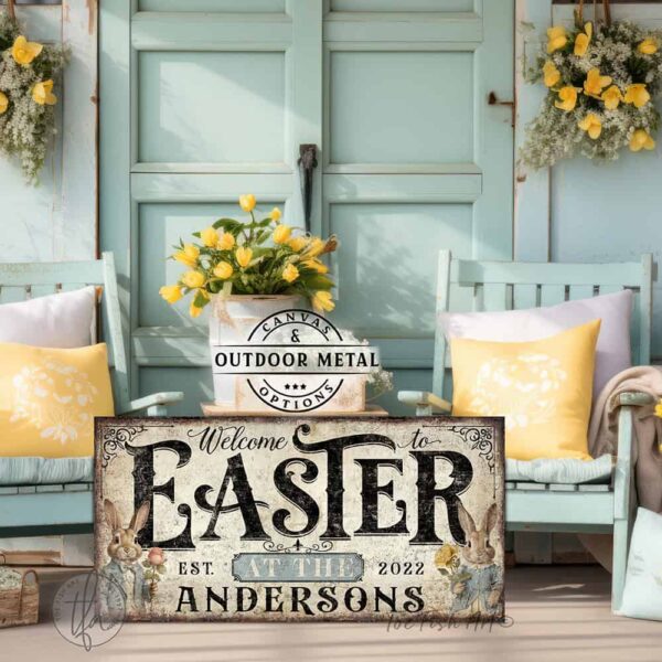 Toe Fish Art's Personalized Easter wall art sign with the text 'Welcome to Easter at the [Your Family Name],' featuring a vintage-style illustration of an antique bunny rabbit couple holding spring flowers, dressed in elegant spring garden party attire. The bunnies are framed by soft pastel accents, set against a worn rustic white wooden background with striking black lettering. This unique decoration is perfect for spring decor, designed for seasonal Easter country cottage display, available in framed canvas or outdoor metal. Toe Fish Art's wall hangings come in a huge variety of sizes and frame colors. This cottage-style artwork is available in framed canvas or waterproof metal, adding a sweet, cozy and warm touch to any space in your home, indoors or outside. Blending rustic primitive country charm with authentic cottage farmhouse style, this unique handcrafted artwork is made of durable high-quality framed canvas or outdoor weatherproof solid aluminum metal, making it perfect for incorporating in any reorganizing, remodeling, redecorating or spring cleaning project, indoors or outdoors. Proudly made in the USA, each piece is designed to last a lifetime by the artisans at Toe Fish Art. This stunning piece enhances any decor, adding special eye-catching holiday curb appeal. Mix and match your Toe Fish Art collection to create the perfect unique touch for your space! This artwork is perfect for display on a porch, entryway, patio, lanai, deck, veranda, living room, fireplace hearth or mantel, dining room, kitchen, or as a shelf sitter in any room. A vibrant reminder of renewal and rebirth for the spring season, this artwork fits various styles, including rustic modern farmhouse, cottagecore, vintage, retro, industrial, Americana, primitive, country, coastal, and minimalist. Toe Fish Art is a small family, woman-owned business, creating beautiful decor for almost three decades, since 1997!