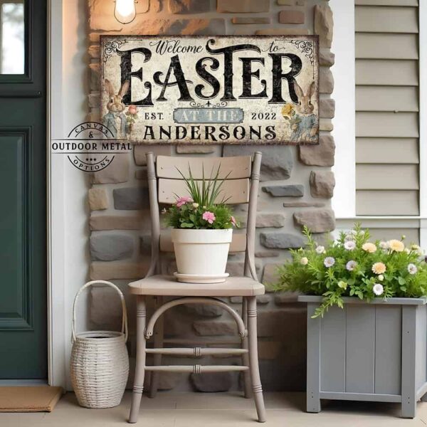 Toe Fish Art's Personalized Easter wall art sign with the text 'Welcome to Easter at the [Your Family Name],' featuring a vintage-style illustration of an antique bunny rabbit couple holding spring flowers, dressed in elegant spring garden party attire. The bunnies are framed by soft pastel accents, set against a worn rustic white wooden background with striking black lettering. This unique decoration is perfect for spring decor, designed for seasonal Easter country cottage display, available in framed canvas or outdoor metal. Toe Fish Art's wall hangings come in a huge variety of sizes and frame colors. This cottage-style artwork is available in framed canvas or waterproof metal, adding a sweet, cozy and warm touch to any space in your home, indoors or outside. Blending rustic primitive country charm with authentic cottage farmhouse style, this unique handcrafted artwork is made of durable high-quality framed canvas or outdoor weatherproof solid aluminum metal, making it perfect for incorporating in any reorganizing, remodeling, redecorating or spring cleaning project, indoors or outdoors. Proudly made in the USA, each piece is designed to last a lifetime by the artisans at Toe Fish Art. This stunning piece enhances any decor, adding special eye-catching holiday curb appeal. Mix and match your Toe Fish Art collection to create the perfect unique touch for your space! This artwork is perfect for display on a porch, entryway, patio, lanai, deck, veranda, living room, fireplace hearth or mantel, dining room, kitchen, or as a shelf sitter in any room. A vibrant reminder of renewal and rebirth for the spring season, this artwork fits various styles, including rustic modern farmhouse, cottagecore, vintage, retro, industrial, Americana, primitive, country, coastal, and minimalist. Toe Fish Art is a small family, woman-owned business, creating beautiful decor for almost three decades, since 1997!