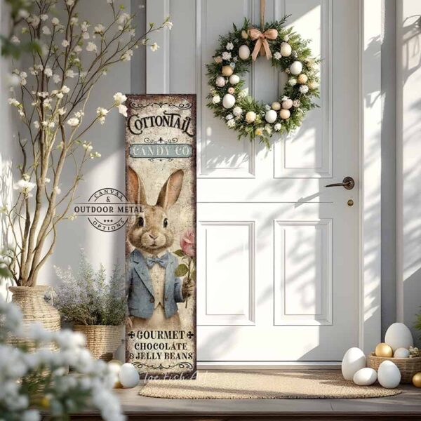 Toe Fish Art's Easter Bunny Porch Greeter sign featuring a colorful and detailed painted sketch of an Easter Bunny dressed in a powder blue tuxedo, holding a candy pink rose, with the title "Cottontail Candy Co.". The vertical porch leaner design is available in framed canvas or outdoor metal, perfect for entryway, garden, patio and spring decorations. Charming and festive with a vintage-inspired cottage style. Toe Fish Art's artisan-made framed canvas or outdoor waterproof metal wall decor, expertly made with American-sourced materials. This premium, handcrafted piece can be customized to fit your style. Built to last with genuine craftsmanship, this nostalgic, heirloom decor adds rustic charm and heritage quality to any space. Made in the USA with durable, authentic materials for a beautiful and meaningful display to last year after year. Rustic country charm meets Modern Farmhouse Cottagecore wall decor handcrafted in durable high-quality framed canvas or outdoor weatherproof solid aluminum metal, handmade in the USA from start to finish! Beautiful, stylish and timeless wall decor artwork. Handcrafted in the USA by ToeFishArt, and built to last a lifetime by the Toe Fish Art family artisans. This beautiful original artwork adds unique eye-catching decor indoors or outdoors. Add instant outdoor holiday curb appeal to your home! Perfect for your porch, entryway, foyer, patio, lanai, deck, garden, veranda, kitchen or dining room. This special holiday decoration is a beautiful reminder of spring celebrations and renewal. Original, custom, personalized wall decor signs. Canvas, Wood or Metal. Rustic modern farmhouse, cottagecore, vintage, retro, industrial, Americana, primitive, country, coastal, minimalist. Toe Fish Art is a USA small family woman owned business making beautiful decor since 1997.