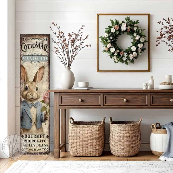 Toe Fish Art's Easter Bunny Porch Greeter sign featuring a colorful and detailed painted sketch of an Easter Bunny dressed in a powder blue tuxedo, holding a candy pink rose, with the title "Cottontail Candy Co.". The vertical porch leaner design is available in framed canvas or outdoor metal, perfect for entryway, garden, patio and spring decorations. Charming and festive with a vintage-inspired cottage style. Toe Fish Art's artisan-made framed canvas or outdoor waterproof metal wall decor, expertly made with American-sourced materials. This premium, handcrafted piece can be customized to fit your style. Built to last with genuine craftsmanship, this nostalgic, heirloom decor adds rustic charm and heritage quality to any space. Made in the USA with durable, authentic materials for a beautiful and meaningful display to last year after year. Rustic country charm meets Modern Farmhouse Cottagecore wall decor handcrafted in durable high-quality framed canvas or outdoor weatherproof solid aluminum metal, handmade in the USA from start to finish! Beautiful, stylish and timeless wall decor artwork. Handcrafted in the USA by ToeFishArt, and built to last a lifetime by the Toe Fish Art family artisans. This beautiful original artwork adds unique eye-catching decor indoors or outdoors. Add instant outdoor holiday curb appeal to your home! Perfect for your porch, entryway, foyer, patio, lanai, deck, garden, veranda, kitchen or dining room. This special holiday decoration is a beautiful reminder of spring celebrations and renewal. Original, custom, personalized wall decor signs. Canvas, Wood or Metal. Rustic modern farmhouse, cottagecore, vintage, retro, industrial, Americana, primitive, country, coastal, minimalist. Toe Fish Art is a USA small family woman owned business making beautiful decor since 1997.