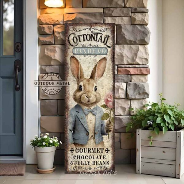 Toe Fish Art's Easter Bunny Porch Greeter sign featuring a colorful and detailed painted sketch of an Easter Bunny dressed in a powder blue tuxedo, holding a candy pink rose, with the title "Cottontail Candy Co.". The vertical porch leaner design is available in framed canvas or outdoor metal, perfect for entryway, garden, patio and spring decorations. Charming and festive with a vintage-inspired cottage style. Toe Fish Art's artisan-made framed canvas or outdoor waterproof metal wall decor, expertly made with American-sourced materials. This premium, handcrafted piece can be customized to fit your style. Built to last with genuine craftsmanship, this nostalgic, heirloom decor adds rustic charm and heritage quality to any space. Made in the USA with durable, authentic materials for a beautiful and meaningful display to last year after year. Rustic country charm meets Modern Farmhouse Cottagecore wall decor handcrafted in durable high-quality framed canvas or outdoor weatherproof solid aluminum metal, handmade in the USA from start to finish! Beautiful, stylish and timeless wall decor artwork. Handcrafted in the USA by ToeFishArt, and built to last a lifetime by the Toe Fish Art family artisans. This beautiful original artwork adds unique eye-catching decor indoors or outdoors. Add instant outdoor holiday curb appeal to your home! Perfect for your porch, entryway, foyer, patio, lanai, deck, garden, veranda, kitchen or dining room. This special holiday decoration is a beautiful reminder of spring celebrations and renewal. Original, custom, personalized wall decor signs. Canvas, Wood or Metal. Rustic modern farmhouse, cottagecore, vintage, retro, industrial, Americana, primitive, country, coastal, minimalist. Toe Fish Art is a USA small family woman owned business making beautiful decor since 1997.