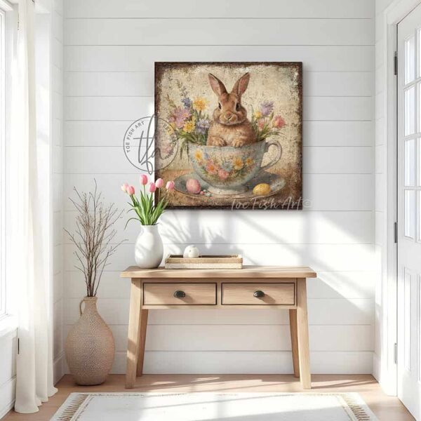 Toe Fish Art's vintage-inspired painting featuring a cute baby bunny rabbit sitting in a tea cup, surrounded by wildflowers and pastel Easter eggs. This square-shaped wall art showcases a charming cottage farmhouse style, perfect for enhancing Easter and spring decor. This artwork is available in framed canvas or outdoor metal, perfect for entryway, garden, kitchen, patio and spring decorations. Makes a charming fireplace mantel or hearth shelf sitter! Quaint and festive with a vintage-inspired cottage style. Toe Fish Art's artisan-made framed canvas or outdoor waterproof metal wall decor, expertly made with American-sourced materials. This premium, handcrafted piece can be customized to fit your style. Built to last with genuine craftsmanship, this nostalgic, heirloom decor adds rustic charm and heritage quality to any space. Made in the USA with durable, authentic materials for a beautiful and meaningful display to last year after year. Rustic country charm meets Modern Farmhouse Cottagecore wall decor handcrafted in durable high-quality framed canvas or outdoor weatherproof solid aluminum metal, handmade in the USA from start to finish! Beautiful, stylish and timeless wall decor artwork. Handcrafted in the USA by ToeFishArt, and built to last a lifetime by the Toe Fish Art family artisans. This beautiful original artwork adds unique eye-catching decor indoors or outdoors. Add instant outdoor holiday curb appeal to your home! Perfect for your porch, entryway, foyer, patio, lanai, deck, garden, veranda, kitchen, breakfast nook, or dining room. This special holiday decoration is a beautiful reminder of spring celebrations and renewal. Original, custom, personalized wall decor signs. Canvas, Wood or Metal. Rustic modern farmhouse, cottagecore, vintage, retro, industrial, Americana, primitive, country, coastal, minimalist. Toe Fish Art is a USA small family woman owned business making beautiful decor since 1997.