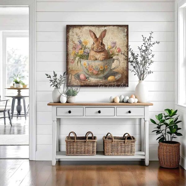 Toe Fish Art's vintage-inspired painting featuring a cute baby bunny rabbit sitting in a tea cup, surrounded by wildflowers and pastel Easter eggs. This square-shaped wall art showcases a charming cottage farmhouse style, perfect for enhancing Easter and spring decor. This artwork is available in framed canvas or outdoor metal, perfect for entryway, garden, kitchen, patio and spring decorations. Makes a charming fireplace mantel or hearth shelf sitter! Quaint and festive with a vintage-inspired cottage style. Toe Fish Art's artisan-made framed canvas or outdoor waterproof metal wall decor, expertly made with American-sourced materials. This premium, handcrafted piece can be customized to fit your style. Built to last with genuine craftsmanship, this nostalgic, heirloom decor adds rustic charm and heritage quality to any space. Made in the USA with durable, authentic materials for a beautiful and meaningful display to last year after year. Rustic country charm meets Modern Farmhouse Cottagecore wall decor handcrafted in durable high-quality framed canvas or outdoor weatherproof solid aluminum metal, handmade in the USA from start to finish! Beautiful, stylish and timeless wall decor artwork. Handcrafted in the USA by ToeFishArt, and built to last a lifetime by the Toe Fish Art family artisans. This beautiful original artwork adds unique eye-catching decor indoors or outdoors. Add instant outdoor holiday curb appeal to your home! Perfect for your porch, entryway, foyer, patio, lanai, deck, garden, veranda, kitchen, breakfast nook, or dining room. This special holiday decoration is a beautiful reminder of spring celebrations and renewal. Original, custom, personalized wall decor signs. Canvas, Wood or Metal. Rustic modern farmhouse, cottagecore, vintage, retro, industrial, Americana, primitive, country, coastal, minimalist. Toe Fish Art is a USA small family woman owned business making beautiful decor since 1997.