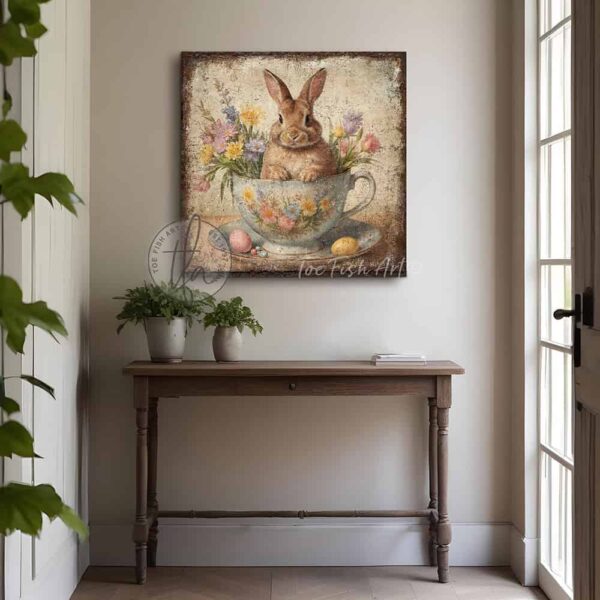 Toe Fish Art's vintage-inspired painting featuring a cute baby bunny rabbit sitting in a tea cup, surrounded by wildflowers and pastel Easter eggs. This square-shaped wall art showcases a charming cottage farmhouse style, perfect for enhancing Easter and spring decor. This artwork is available in framed canvas or outdoor metal, perfect for entryway, garden, kitchen, patio and spring decorations. Makes a charming fireplace mantel or hearth shelf sitter! Quaint and festive with a vintage-inspired cottage style. Toe Fish Art's artisan-made framed canvas or outdoor waterproof metal wall decor, expertly made with American-sourced materials. This premium, handcrafted piece can be customized to fit your style. Built to last with genuine craftsmanship, this nostalgic, heirloom decor adds rustic charm and heritage quality to any space. Made in the USA with durable, authentic materials for a beautiful and meaningful display to last year after year. Rustic country charm meets Modern Farmhouse Cottagecore wall decor handcrafted in durable high-quality framed canvas or outdoor weatherproof solid aluminum metal, handmade in the USA from start to finish! Beautiful, stylish and timeless wall decor artwork. Handcrafted in the USA by ToeFishArt, and built to last a lifetime by the Toe Fish Art family artisans. This beautiful original artwork adds unique eye-catching decor indoors or outdoors. Add instant outdoor holiday curb appeal to your home! Perfect for your porch, entryway, foyer, patio, lanai, deck, garden, veranda, kitchen, breakfast nook, or dining room. This special holiday decoration is a beautiful reminder of spring celebrations and renewal. Original, custom, personalized wall decor signs. Canvas, Wood or Metal. Rustic modern farmhouse, cottagecore, vintage, retro, industrial, Americana, primitive, country, coastal, minimalist. Toe Fish Art is a USA small family woman owned business making beautiful decor since 1997.