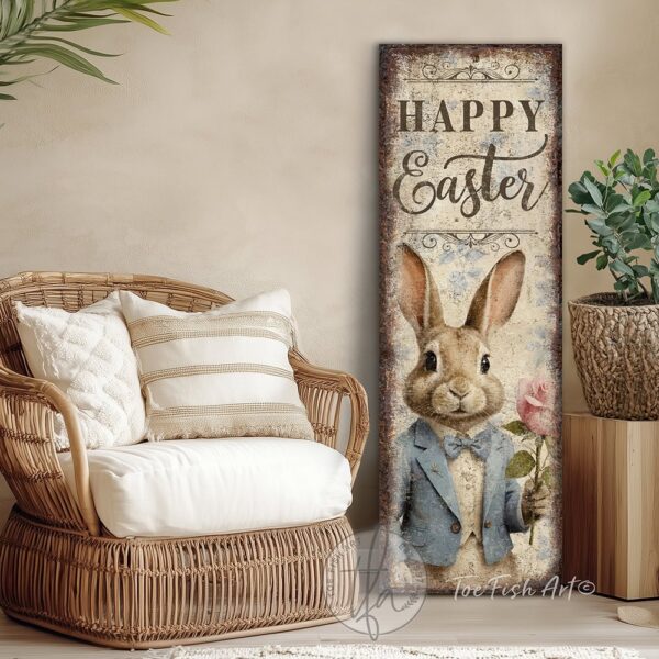 Toe Fish Art's 'Happy Easter' Easter Bunny Porch Entryway Greeter sign featuring a colorful and detailed painted sketch of an Easter Bunny dressed in a powder blue tuxedo, holding a candy pink rose, with the title "Happy Easter". The vertical porch leaner design is available in framed canvas or outdoor metal, perfect for entryway, garden, patio and spring decorations. Charming and festive with a vintage-inspired cottage style. Toe Fish Art's artisan-made framed canvas or outdoor waterproof metal wall decor, expertly made with American-sourced materials. This premium, handcrafted piece can be customized to fit your style. Built to last with genuine craftsmanship, this nostalgic, heirloom decor adds rustic charm and heritage quality to any space. Made in the USA with durable, authentic materials for a beautiful and meaningful display to last year after year. Rustic country charm meets Modern Farmhouse Cottagecore wall decor handcrafted in durable high-quality framed canvas or outdoor weatherproof solid aluminum metal, handmade in the USA from start to finish! Beautiful, stylish and timeless wall decor artwork. Handcrafted in the USA by ToeFishArt, and built to last a lifetime by the Toe Fish Art family artisans. This beautiful original artwork adds unique eye-catching decor indoors or outdoors. Add instant outdoor holiday curb appeal to your home! Perfect for your porch, entryway, foyer, patio, lanai, deck, garden, veranda, kitchen or dining room. This special holiday decoration is a beautiful reminder of spring celebrations and renewal. Original, custom, personalized wall decor signs. Canvas, Wood or Metal. Rustic modern farmhouse, cottagecore, vintage, retro, industrial, Americana, primitive, country, coastal, minimalist. Toe Fish Art is a USA small family woman owned business making beautiful decor since 1997.