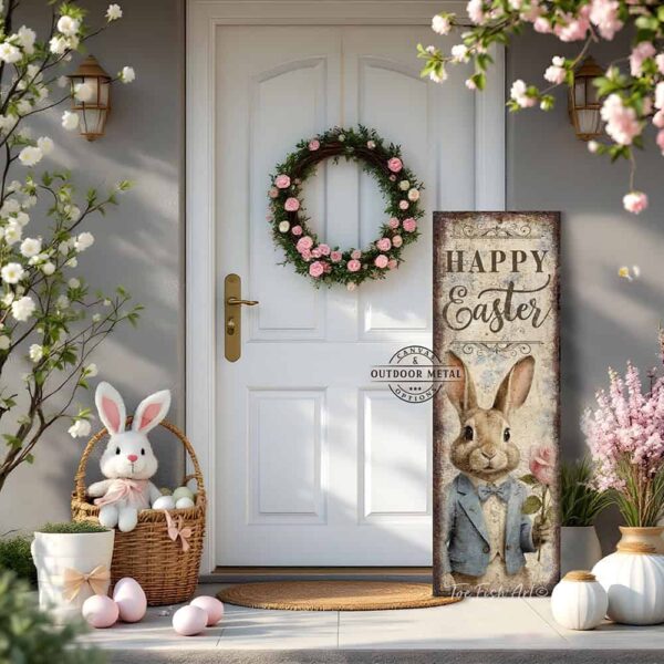 Toe Fish Art's 'Happy Easter' Bunny Porch Entryway Greeter sign featuring a colorful and detailed painted sketch of an Easter Bunny dressed in a powder blue tuxedo, holding a candy pink rose, with the title "Happy Easter". The vertical porch leaner design is available in framed canvas or outdoor metal, perfect for entryway, garden, patio and spring decorations. Charming and festive with a vintage-inspired cottage style. Toe Fish Art's artisan-made framed canvas or outdoor waterproof metal wall decor, expertly made with American-sourced materials. This premium, handcrafted piece can be customized to fit your style. Built to last with genuine craftsmanship, this nostalgic, heirloom decor adds rustic charm and heritage quality to any space. Made in the USA with durable, authentic materials for a beautiful and meaningful display to last year after year. Rustic country charm meets Modern Farmhouse Cottagecore wall decor handcrafted in durable high-quality framed canvas or outdoor weatherproof solid aluminum metal, handmade in the USA from start to finish! Beautiful, stylish and timeless wall decor artwork. Handcrafted in the USA by ToeFishArt, and built to last a lifetime by the Toe Fish Art family artisans. This beautiful original artwork adds unique eye-catching decor indoors or outdoors. Add instant outdoor holiday curb appeal to your home! Perfect for your porch, entryway, foyer, patio, lanai, deck, garden, veranda, kitchen or dining room. This special holiday decoration is a beautiful reminder of spring celebrations and renewal. Original, custom, personalized wall decor signs. Canvas, Wood or Metal. Rustic modern farmhouse, cottagecore, vintage, retro, industrial, Americana, primitive, country, coastal, minimalist. Toe Fish Art is a USA small family woman owned business making beautiful decor since 1997.