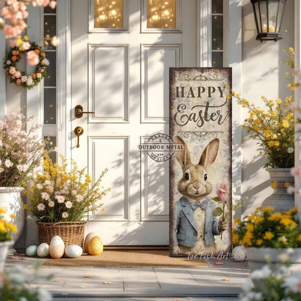 Toe Fish Art's 'Happy Easter' Bunny Porch Entryway Greeter sign featuring a colorful and detailed painted sketch of an Easter Bunny dressed in a powder blue tuxedo, holding a candy pink rose, with the title "Happy Easter". The vertical porch leaner design is available in framed canvas or outdoor metal, perfect for entryway, garden, patio and spring decorations. Charming and festive with a vintage-inspired cottage style. Toe Fish Art's artisan-made framed canvas or outdoor waterproof metal wall decor, expertly made with American-sourced materials. This premium, handcrafted piece can be customized to fit your style. Built to last with genuine craftsmanship, this nostalgic, heirloom decor adds rustic charm and heritage quality to any space. Made in the USA with durable, authentic materials for a beautiful and meaningful display to last year after year. Rustic country charm meets Modern Farmhouse Cottagecore wall decor handcrafted in durable high-quality framed canvas or outdoor weatherproof solid aluminum metal, handmade in the USA from start to finish! Beautiful, stylish and timeless wall decor artwork. Handcrafted in the USA by ToeFishArt, and built to last a lifetime by the Toe Fish Art family artisans. This beautiful original artwork adds unique eye-catching decor indoors or outdoors. Add instant outdoor holiday curb appeal to your home! Perfect for your porch, entryway, foyer, patio, lanai, deck, garden, veranda, kitchen or dining room. This special holiday decoration is a beautiful reminder of spring celebrations and renewal. Original, custom, personalized wall decor signs. Canvas, Wood or Metal. Rustic modern farmhouse, cottagecore, vintage, retro, industrial, Americana, primitive, country, coastal, minimalist. Toe Fish Art is a USA small family woman owned business making beautiful decor since 1997.