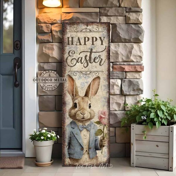 Toe Fish Art's 'Happy Easter' Bunny Porch Entryway Greeter sign featuring a colorful and detailed painted sketch of an Easter Bunny dressed in a powder blue tuxedo, holding a candy pink rose, with the title "Happy Easter". The vertical porch leaner design is available in framed canvas or outdoor metal, perfect for entryway, garden, patio and spring decorations. Charming and festive with a vintage-inspired cottage style. Toe Fish Art's artisan-made framed canvas or outdoor waterproof metal wall decor, expertly made with American-sourced materials. This premium, handcrafted piece can be customized to fit your style. Built to last with genuine craftsmanship, this nostalgic, heirloom decor adds rustic charm and heritage quality to any space. Made in the USA with durable, authentic materials for a beautiful and meaningful display to last year after year. Rustic country charm meets Modern Farmhouse Cottagecore wall decor handcrafted in durable high-quality framed canvas or outdoor weatherproof solid aluminum metal, handmade in the USA from start to finish! Beautiful, stylish and timeless wall decor artwork. Handcrafted in the USA by ToeFishArt, and built to last a lifetime by the Toe Fish Art family artisans. This beautiful original artwork adds unique eye-catching decor indoors or outdoors. Add instant outdoor holiday curb appeal to your home! Perfect for your porch, entryway, foyer, patio, lanai, deck, garden, veranda, kitchen or dining room. This special holiday decoration is a beautiful reminder of spring celebrations and renewal. Original, custom, personalized wall decor signs. Canvas, Wood or Metal. Rustic modern farmhouse, cottagecore, vintage, retro, industrial, Americana, primitive, country, coastal, minimalist. Toe Fish Art is a USA small family woman owned business making beautiful decor since 1997.