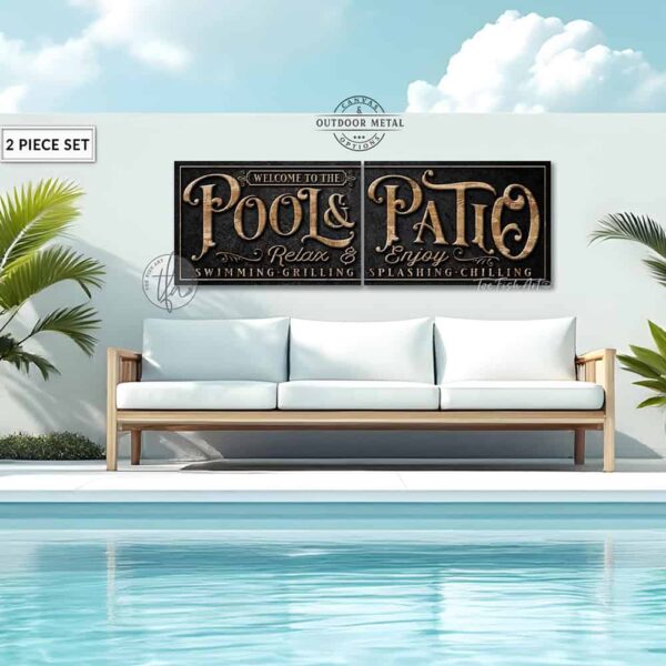Toe Fish Art's personalized, custom 'Pool & Patio' sign 2-piece set with Family Name and Established Date, featuring a classy vintage slate black design with knotty woodgrain style colored lettering. Available in framed canvas or outdoor waterproof metal print, this large-sized sign adds a unique touch to your outdoor space, perfect for showcasing your family name and date, special message, and popular sayings. This special 2-piece set is huge! – Available in large sizes starting at 10 feet wide! Toe Fish Art's artisan-made outdoor waterproof metal wall decor, expertly made with American-sourced materials. This premium, handcrafted 2-piece set can be customized to fit your style. Built to last with genuine craftsmanship, this lux decor adds high-end cottagecore charm and heritage quality to any space. Made in the USA with durable, authentic materials for a beautiful and meaningful display to last year after year. Modern Farmhouse Cottagecore wall decor handcrafted in durable high-quality outdoor weatherproof solid aluminum metal print, handmade in the USA from start to finish! Beautiful, stylish and timeless wall decor artwork. Handcrafted in the USA by ToeFishArt, and built to last a lifetime by the Toe Fish Art family artisans. This beautiful original artwork adds unique eye-catching decor indoors or outdoors. Perfect for your patio, lanai, deck, veranda, or backyard oasis. This special outdoor decoration is a beautiful reminder of outdoor living. Original, custom, personalized wall decor signs. Canvas, Wood or Metal. Rustic modern farmhouse, cottagecore, vintage, retro, industrial, Americana, primitive, country, coastal, minimalist. Toe Fish Art is a USA small family woman owned business making beautiful decor since 1997.