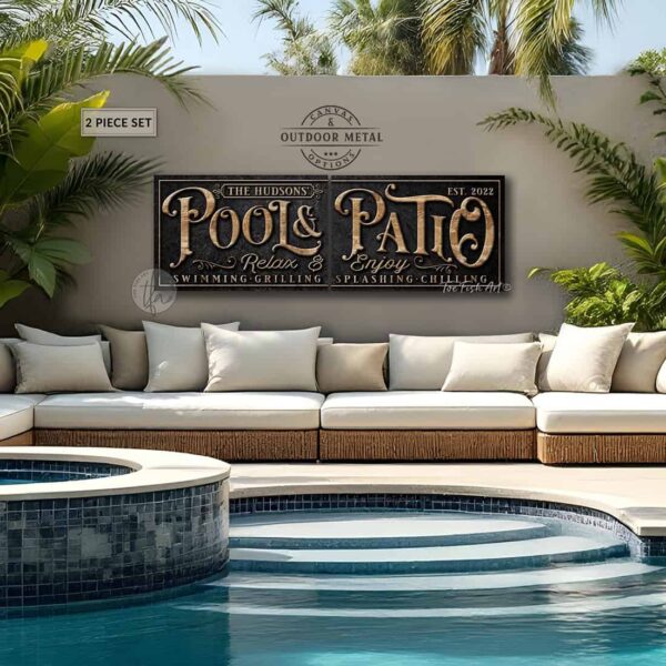 Toe Fish Art's personalized, custom 'Pool & Patio' sign 2-piece set with Family Name and Established Date, featuring a classy vintage slate black design with knotty woodgrain style colored lettering. Available in framed canvas or outdoor waterproof metal print, this large-sized sign adds a unique touch to your outdoor space, perfect for showcasing your family name and date, special message, and popular sayings. This special 2-piece set is huge! – Available in large sizes starting at 10 feet wide! Toe Fish Art's artisan-made outdoor waterproof metal wall decor, expertly made with American-sourced materials. This premium, handcrafted 2-piece set can be customized to fit your style. Built to last with genuine craftsmanship, this lux decor adds high-end cottagecore charm and heritage quality to any space. Made in the USA with durable, authentic materials for a beautiful and meaningful display to last year after year. Modern Farmhouse Cottagecore wall decor handcrafted in durable high-quality outdoor weatherproof solid aluminum metal print, handmade in the USA from start to finish! Beautiful, stylish and timeless wall decor artwork. Handcrafted in the USA by ToeFishArt, and built to last a lifetime by the Toe Fish Art family artisans. This beautiful original artwork adds unique eye-catching decor indoors or outdoors. Perfect for your patio, lanai, deck, veranda, or backyard oasis. This special outdoor decoration is a beautiful reminder of outdoor living. Original, custom, personalized wall decor signs. Canvas, Wood or Metal. Rustic modern farmhouse, cottagecore, vintage, retro, industrial, Americana, primitive, country, coastal, minimalist. Toe Fish Art is a USA small family woman owned business making beautiful decor since 1997.