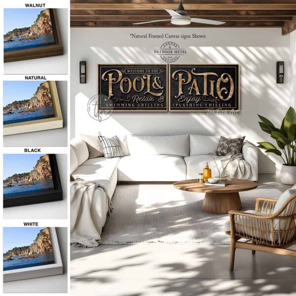 Toe Fish Art's personalized, custom 'Pool & Patio' sign 2-piece set with Family Name and Established Date, featuring a classy vintage slate black design with knotty woodgrain style colored lettering. Available in framed canvas or outdoor waterproof metal print, this large-sized sign adds a unique touch to your outdoor space, perfect for showcasing your family name and date, special message, and popular sayings. This special 2-piece set is huge! – Available in large sizes starting at 10 feet wide! Toe Fish Art's artisan-made outdoor waterproof metal wall decor, expertly made with American-sourced materials. This premium, handcrafted 2-piece set can be customized to fit your style. Built to last with genuine craftsmanship, this lux decor adds high-end cottagecore charm and heritage quality to any space. Made in the USA with durable, authentic materials for a beautiful and meaningful display to last year after year. Modern Farmhouse Cottagecore wall decor handcrafted in durable high-quality outdoor weatherproof solid aluminum metal print, handmade in the USA from start to finish! Beautiful, stylish and timeless wall decor artwork. Handcrafted in the USA by ToeFishArt, and built to last a lifetime by the Toe Fish Art family artisans. This beautiful original artwork adds unique eye-catching decor indoors or outdoors. Perfect for your patio, lanai, deck, veranda, or backyard oasis. This special outdoor decoration is a beautiful reminder of outdoor living. Original, custom, personalized wall decor signs. Canvas, Wood or Metal. Rustic modern farmhouse, cottagecore, vintage, retro, industrial, Americana, primitive, country, coastal, minimalist. Toe Fish Art is a USA small family woman owned business making beautiful decor since 1997.