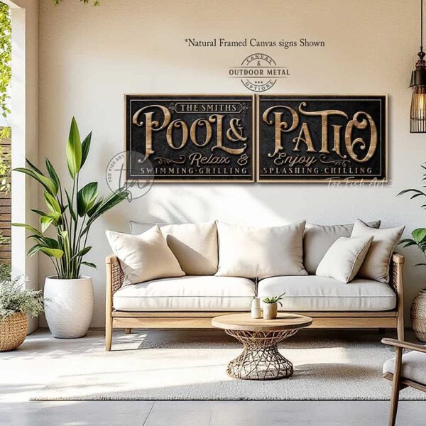 Toe Fish Art's personalized, custom 'Pool & Patio' sign 2-piece set with Family Name and Established Date, featuring a classy vintage slate black design with knotty woodgrain style colored lettering. Available in framed canvas or outdoor waterproof metal print, this large-sized sign adds a unique touch to your outdoor space, perfect for showcasing your family name and date, special message, and popular sayings. This special 2-piece set is huge! – Available in large sizes starting at 10 feet wide! Toe Fish Art's artisan-made outdoor waterproof metal wall decor, expertly made with American-sourced materials. This premium, handcrafted 2-piece set can be customized to fit your style. Built to last with genuine craftsmanship, this lux decor adds high-end cottagecore charm and heritage quality to any space. Made in the USA with durable, authentic materials for a beautiful and meaningful display to last year after year. Modern Farmhouse Cottagecore wall decor handcrafted in durable high-quality outdoor weatherproof solid aluminum metal print, handmade in the USA from start to finish! Beautiful, stylish and timeless wall decor artwork. Handcrafted in the USA by ToeFishArt, and built to last a lifetime by the Toe Fish Art family artisans. This beautiful original artwork adds unique eye-catching decor indoors or outdoors. Perfect for your patio, lanai, deck, veranda, or backyard oasis. This special outdoor decoration is a beautiful reminder of outdoor living. Original, custom, personalized wall decor signs. Canvas, Wood or Metal. Rustic modern farmhouse, cottagecore, vintage, retro, industrial, Americana, primitive, country, coastal, minimalist. Toe Fish Art is a USA small family woman owned business making beautiful decor since 1997.