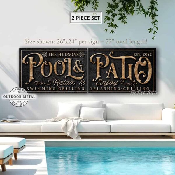 Toe Fish Art's personalized, custom 'Pool & Patio' sign 2-piece set with Family Name and Established Date, featuring a classy vintage slate black design with knotty woodgrain style colored lettering. Available in framed canvas or outdoor waterproof metal print, this large-sized sign adds a unique touch to your outdoor space, perfect for showcasing your family name and date, special message, and popular sayings. This special 2-piece set is huge! – Available in large sizes starting at 10 feet wide! Toe Fish Art's artisan-made outdoor waterproof metal wall decor, expertly made with American-sourced materials. This premium, handcrafted 2-piece set can be customized to fit your style. Built to last with genuine craftsmanship, this lux decor adds high-end cottagecore charm and heritage quality to any space. Made in the USA with durable, authentic materials for a beautiful and meaningful display to last year after year. Modern Farmhouse Cottagecore wall decor handcrafted in durable high-quality outdoor weatherproof solid aluminum metal print, handmade in the USA from start to finish! Beautiful, stylish and timeless wall decor artwork. Handcrafted in the USA by ToeFishArt, and built to last a lifetime by the Toe Fish Art family artisans. This beautiful original artwork adds unique eye-catching decor indoors or outdoors. Perfect for your patio, lanai, deck, veranda, or backyard oasis. This special outdoor decoration is a beautiful reminder of outdoor living. Original, custom, personalized wall decor signs. Canvas, Wood or Metal. Rustic modern farmhouse, cottagecore, vintage, retro, industrial, Americana, primitive, country, coastal, minimalist. Toe Fish Art is a USA small family woman owned business making beautiful decor since 1997.