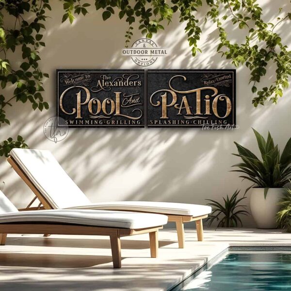 Toe Fish Art's personalized, custom 'Pool and Patio' sign 2-piece set, featuring a classy vintage slate black design with knotty woodgrain style lettering. Available in framed canvas or outdoor waterproof metal, this large-sized sign adds a unique touch to your outdoor space, perfect for showcasing your family name, special message, and popular sayings. This special 2-piece set is huge! – Available in large sizes starting at 10 feet wide! Toe Fish Art's artisan-made outdoor waterproof metal wall decor, expertly made with American-sourced materials. This premium, handcrafted 2-piece set can be customized to fit your style. Built to last with genuine craftsmanship, this lux decor adds high-end cottagecore charm and heritage quality to any space. Made in the USA with durable, authentic materials for a beautiful and meaningful display to last year after year. Modern Farmhouse Cottagecore wall decor handcrafted in durable high-quality outdoor weatherproof solid aluminum metal, handmade in the USA from start to finish! Beautiful, stylish and timeless wall decor artwork. Handcrafted in the USA by ToeFishArt, and built to last a lifetime by the Toe Fish Art family artisans. This beautiful original artwork adds unique eye-catching decor indoors or outdoors. Perfect for your patio, lanai, deck, veranda, or backyard oasis. This special outdoor decoration is a beautiful reminder of outdoor living. Original, custom, personalized wall decor signs. Canvas, Wood or Metal. Rustic modern farmhouse, cottagecore, vintage, retro, industrial, Americana, primitive, country, coastal, minimalist. Toe Fish Art is a USA small family woman owned business making beautiful decor since 1997.