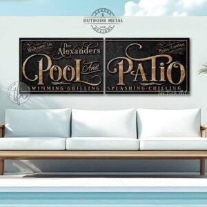 Toe Fish Art's personalized, custom 'Pool and Patio' sign 2-piece set, featuring a classy vintage slate black design with knotty woodgrain style lettering. Available in framed canvas or outdoor waterproof metal, this large-sized sign adds a unique touch to your outdoor space, perfect for showcasing your family name, special message, and popular sayings. This special 2-piece set is huge! – Available in large sizes starting at 10 feet wide! Toe Fish Art's artisan-made outdoor waterproof metal wall decor, expertly made with American-sourced materials. This premium, handcrafted 2-piece set can be customized to fit your style. Built to last with genuine craftsmanship, this lux decor adds high-end cottagecore charm and heritage quality to any space. Made in the USA with durable, authentic materials for a beautiful and meaningful display to last year after year. Modern Farmhouse Cottagecore wall decor handcrafted in durable high-quality outdoor weatherproof solid aluminum metal, handmade in the USA from start to finish! Beautiful, stylish and timeless wall decor artwork. Handcrafted in the USA by ToeFishArt, and built to last a lifetime by the Toe Fish Art family artisans. This beautiful original artwork adds unique eye-catching decor indoors or outdoors. Perfect for your patio, lanai, deck, veranda, or backyard oasis. This special outdoor decoration is a beautiful reminder of outdoor living. Original, custom, personalized wall decor signs. Canvas, Wood or Metal. Rustic modern farmhouse, cottagecore, vintage, retro, industrial, Americana, primitive, country, coastal, minimalist. Toe Fish Art is a USA small family woman owned business making beautiful decor since 1997.