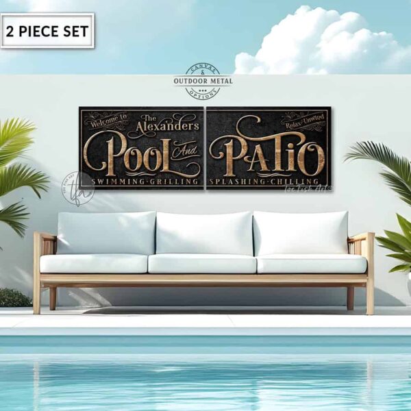 Toe Fish Art's personalized, custom 'Pool and Patio' sign 2-piece set, featuring a classy vintage slate black design with knotty woodgrain style lettering. Available in framed canvas or outdoor waterproof metal, this large-sized sign adds a unique touch to your outdoor space, perfect for showcasing your family name, special message, and popular sayings. This special 2-piece set is huge! – Available in large sizes starting at 10 feet wide! Toe Fish Art's artisan-made outdoor waterproof metal wall decor, expertly made with American-sourced materials. This premium, handcrafted 2-piece set can be customized to fit your style. Built to last with genuine craftsmanship, this lux decor adds high-end cottagecore charm and heritage quality to any space. Made in the USA with durable, authentic materials for a beautiful and meaningful display to last year after year. Modern Farmhouse Cottagecore wall decor handcrafted in durable high-quality outdoor weatherproof solid aluminum metal, handmade in the USA from start to finish! Beautiful, stylish and timeless wall decor artwork. Handcrafted in the USA by ToeFishArt, and built to last a lifetime by the Toe Fish Art family artisans. This beautiful original artwork adds unique eye-catching decor indoors or outdoors. Perfect for your patio, lanai, deck, veranda, or backyard oasis. This special outdoor decoration is a beautiful reminder of outdoor living. Original, custom, personalized wall decor signs. Canvas, Wood or Metal. Rustic modern farmhouse, cottagecore, vintage, retro, industrial, Americana, primitive, country, coastal, minimalist. Toe Fish Art is a USA small family woman owned business making beautiful decor since 1997.