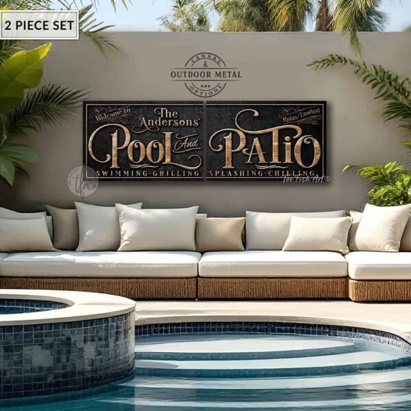 Toe Fish Art's personalized, custom 'Pool and Patio' sign 2-piece set, featuring a classy vintage slate black design with knotty woodgrain style lettering. Available in framed canvas or outdoor waterproof metal, this large-sized sign adds a unique touch to your outdoor space, perfect for showcasing your family name, special message, and popular sayings. This special 2-piece set is huge! – Available in large sizes starting at 10 feet wide! Toe Fish Art's artisan-made outdoor waterproof metal wall decor, expertly made with American-sourced materials. This premium, handcrafted 2-piece set can be customized to fit your style. Built to last with genuine craftsmanship, this lux decor adds high-end cottagecore charm and heritage quality to any space. Made in the USA with durable, authentic materials for a beautiful and meaningful display to last year after year. Modern Farmhouse Cottagecore wall decor handcrafted in durable high-quality outdoor weatherproof solid aluminum metal, handmade in the USA from start to finish! Beautiful, stylish and timeless wall decor artwork. Handcrafted in the USA by ToeFishArt, and built to last a lifetime by the Toe Fish Art family artisans. This beautiful original artwork adds unique eye-catching decor indoors or outdoors. Perfect for your patio, lanai, deck, veranda, or backyard oasis. This special outdoor decoration is a beautiful reminder of outdoor living. Original, custom, personalized wall decor signs. Canvas, Wood or Metal. Rustic modern farmhouse, cottagecore, vintage, retro, industrial, Americana, primitive, country, coastal, minimalist. Toe Fish Art is a USA small family woman owned business making beautiful decor since 1997.