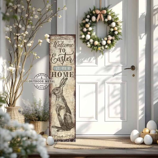 Toe Fish Art vintage-style 'Welcome to Easter' vertical porch leaner and greeter sign, personalized with family name and year. Features worn rustic white background and powder blue accents, with dark charcoal gray lettering and charming vintage bunny rabbit hand-drawn sketched artwork. Available in framed canvas or durable outdoor metal, perfect for entryways, gardens, patios or outdoor walkways. Toe Fish Art's artisan-made framed canvas or outdoor waterproof metal wall decor, expertly made with American-sourced materials. This premium, handcrafted piece can be customized to fit your style. Built to last with genuine craftsmanship, this nostalgic, heirloom decor adds rustic charm and heritage quality to any space. Made in the USA with durable, authentic materials for a beautiful and meaningful display to last year after year. Rustic country charm meets Modern Farmhouse Cottagecore wall decor handcrafted in durable high-quality framed canvas or outdoor weatherproof solid aluminum metal, handmade in the USA from start to finish! Beautiful, stylish and timeless wall decor artwork. Handcrafted in the USA by ToeFishArt, and built to last a lifetime by the Toe Fish Art family artisans. This beautiful original artwork adds unique eye-catching decor indoors or outdoors. Add instant outdoor holiday curb appeal to your home! Perfect for your porch, entryway, foyer, patio, lanai, deck, garden, veranda, kitchen or dining room. This special holiday decoration is a beautiful reminder of spring celebrations and renewal. Original, custom, personalized wall decor signs. Canvas, Wood or Metal. Rustic modern farmhouse, cottagecore, vintage, retro, industrial, Americana, primitive, country, coastal, minimalist. Toe Fish Art is a USA small family woman owned business making beautiful decor since 1997.